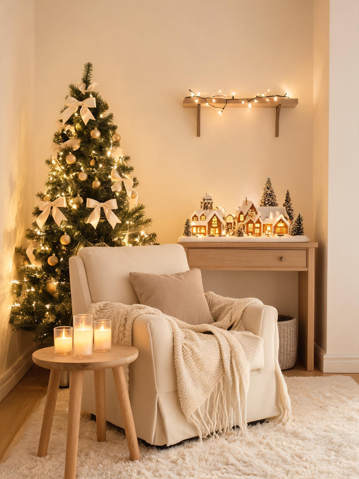 Cozy holiday corner with lit Christmas tree, candles and village