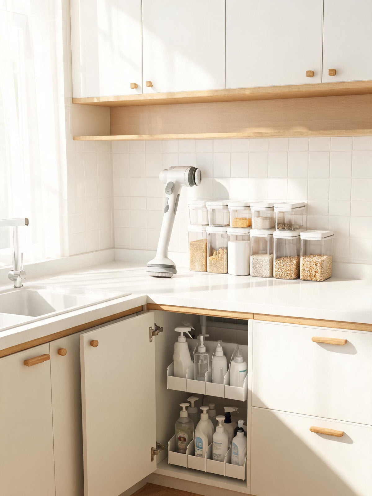 Bright organized kitchen with storage containers
