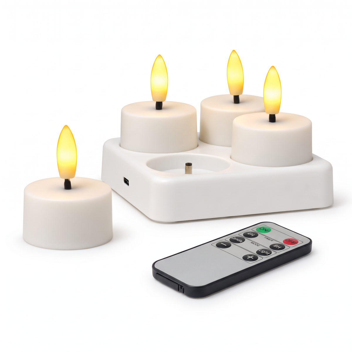 Rechargeable flameless LED candles with remote on white background