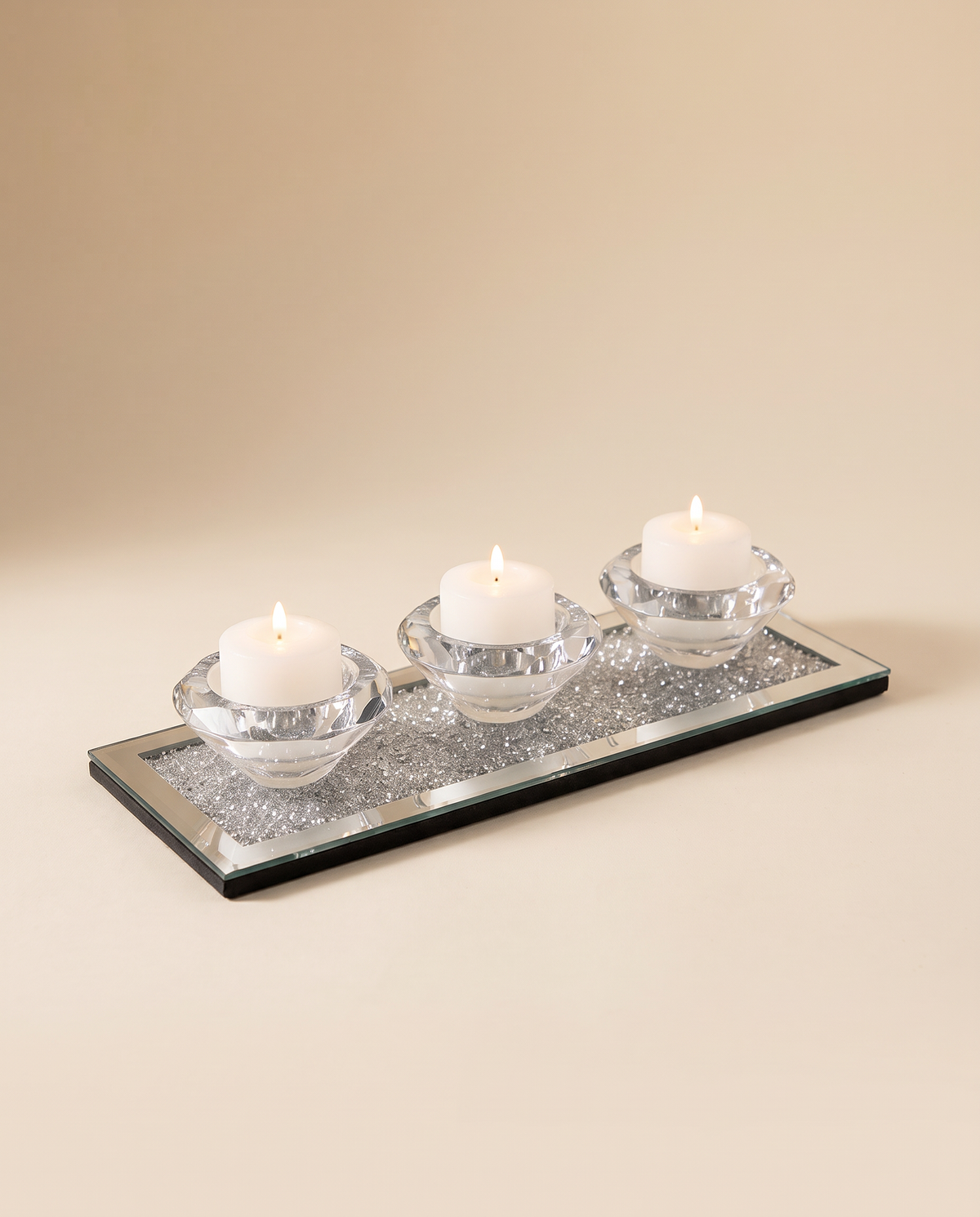Crushed diamond mirrored candle holder with 3 crystal cups