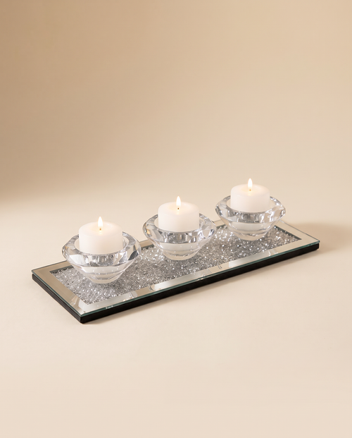 Crushed diamond mirrored candle holder with 3 crystal cups