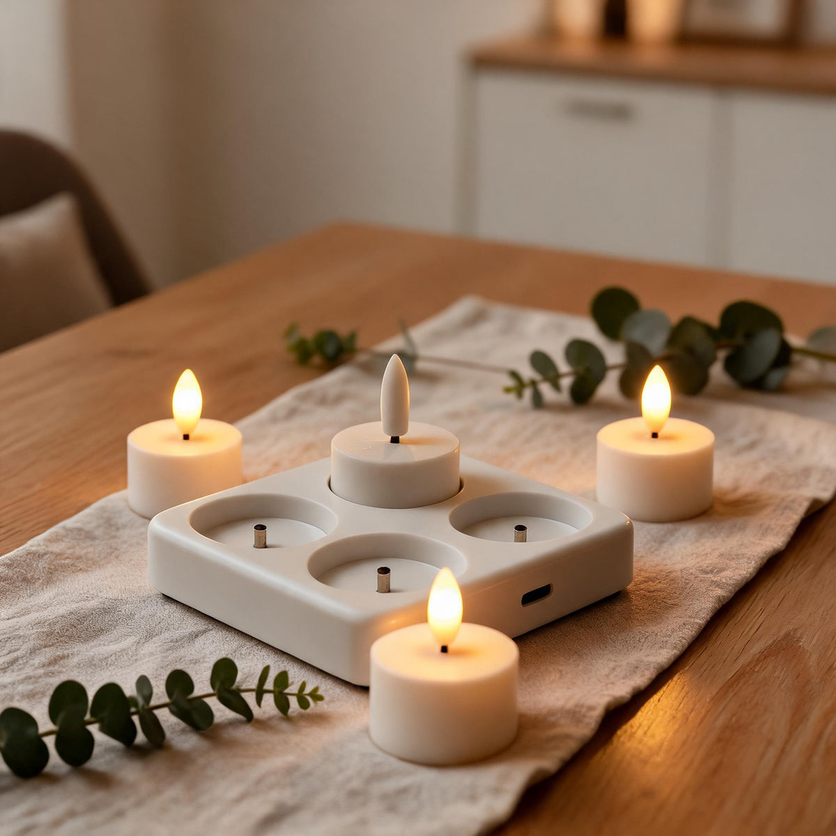 Rechargeable flameless LED candles with charging base on a dining table