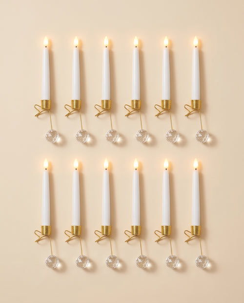 Set of 12 clip-on LED taper candles with gold clips and crystal balls