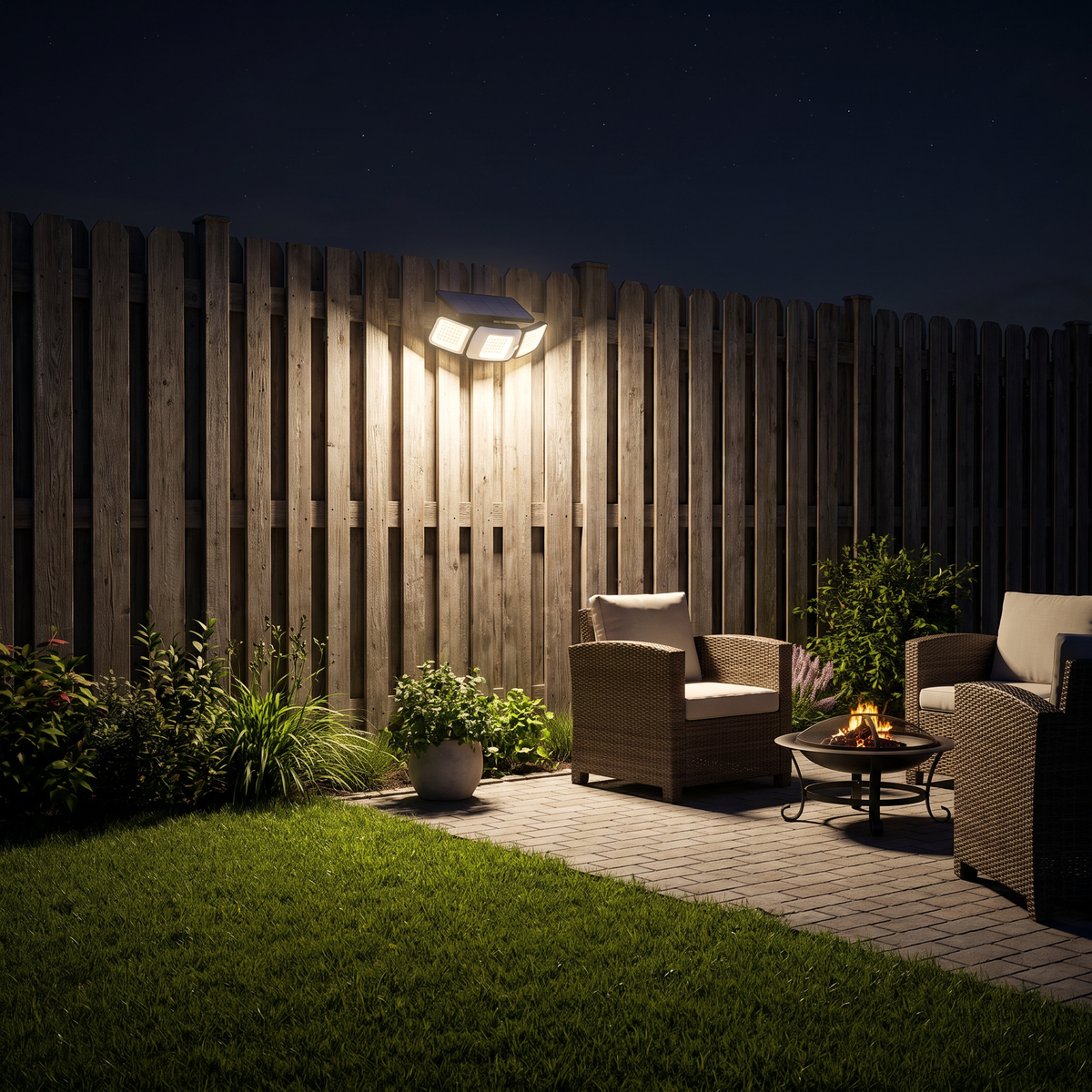 Solar wall light on a backyard fence lighting a patio at night