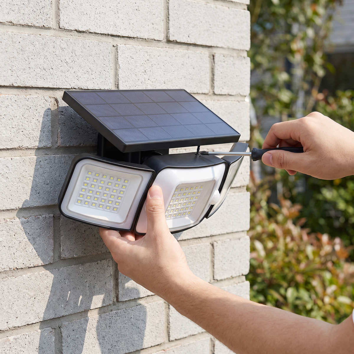 Hands installing the compact 12-inch solar wall light on a brick wall