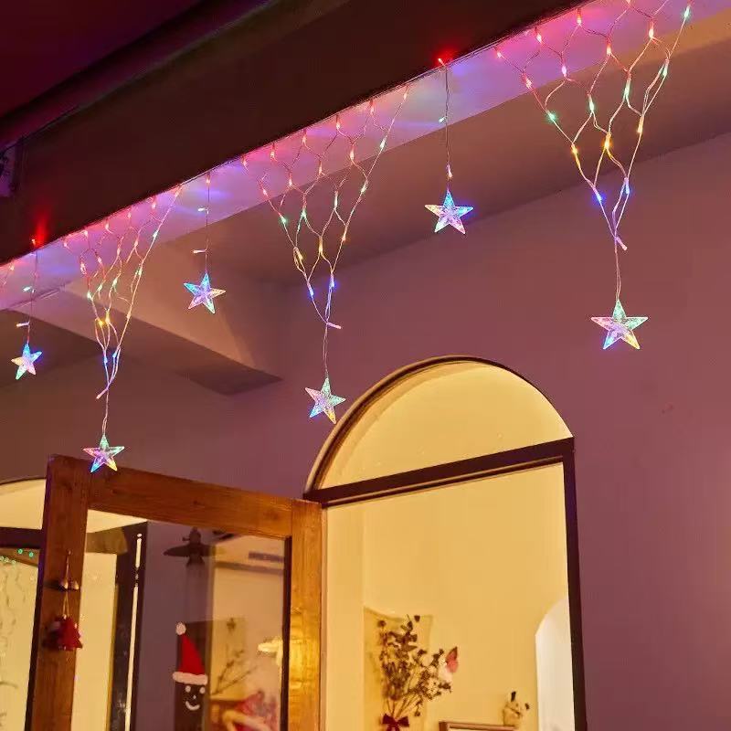 Outdoor Christmas Star Curtain Lights, Solar or Plug-In