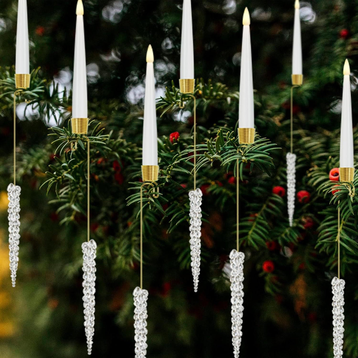 LED taper candles with icicle pendants