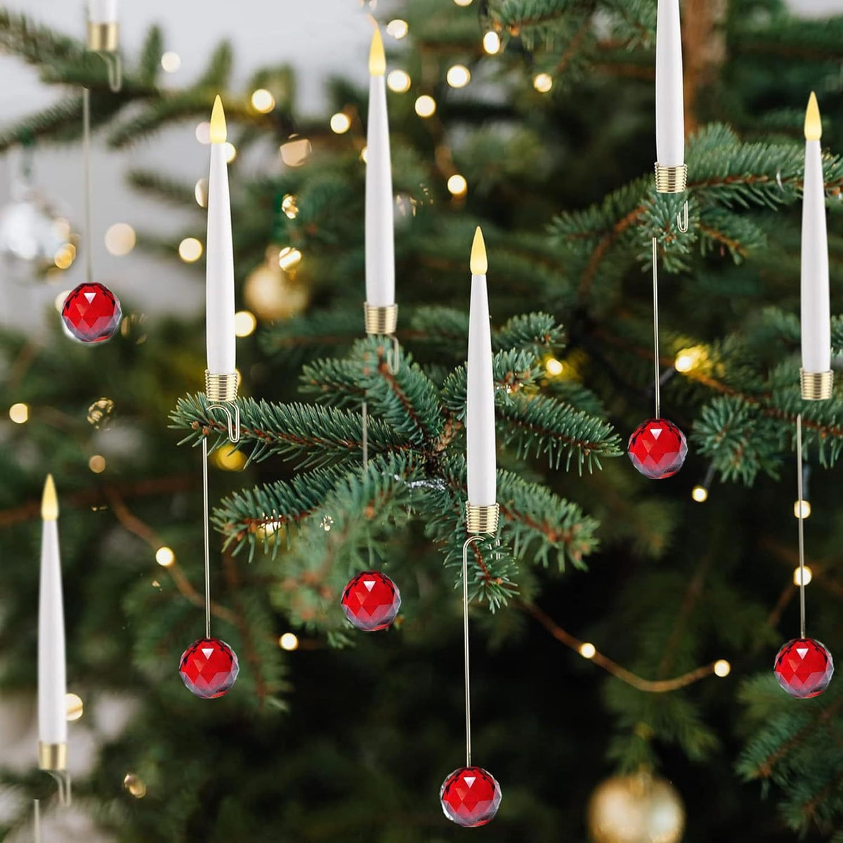 LED taper candles with red crystal ball pendants