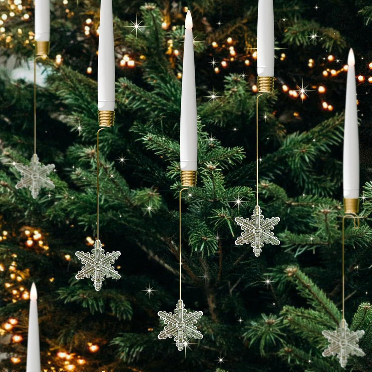 LED taper candles with snowflake pendants