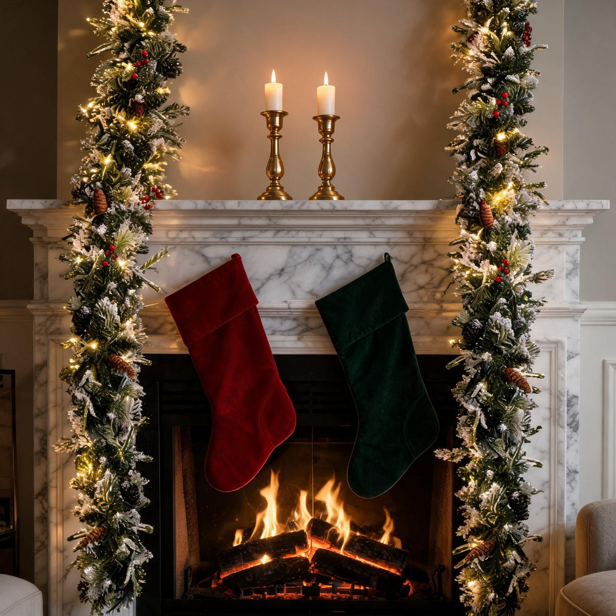 Pre-lit snow flocked Christmas garland on fireplace mantel