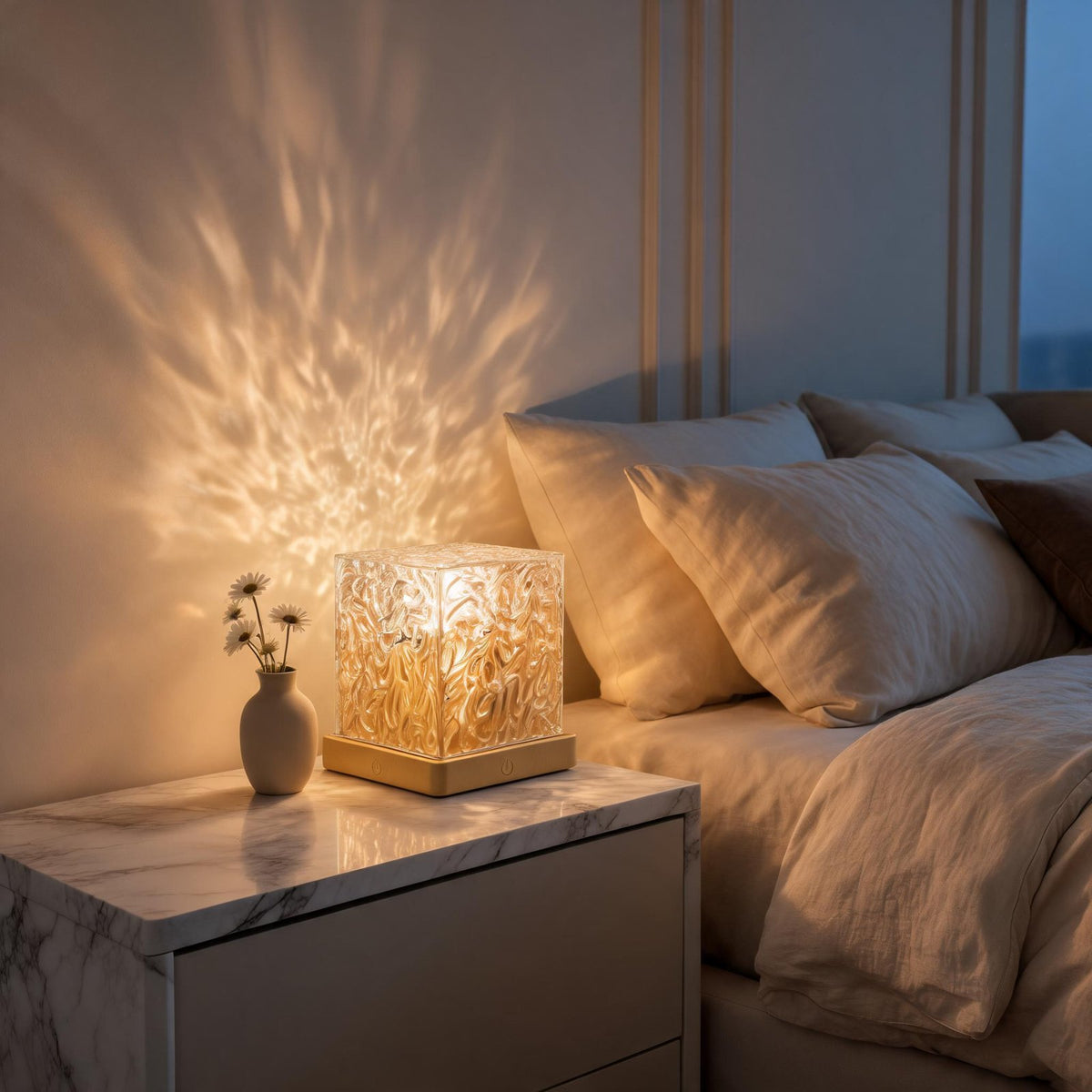 Crystal water ripple lamp glowing on a marble nightstand
