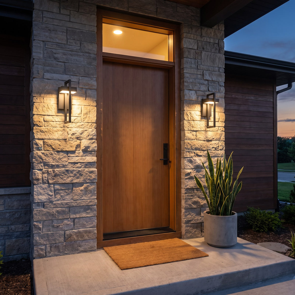 Pair of modern black outdoor wall lights beside a front door at dusk