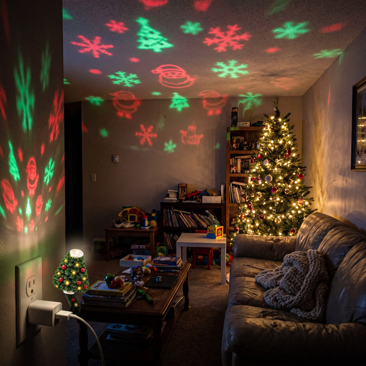 Christmas projector light filling a living room ceiling with holiday patterns