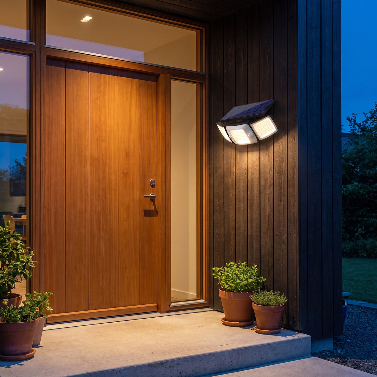 Compact solar wall light beside a front door at dusk