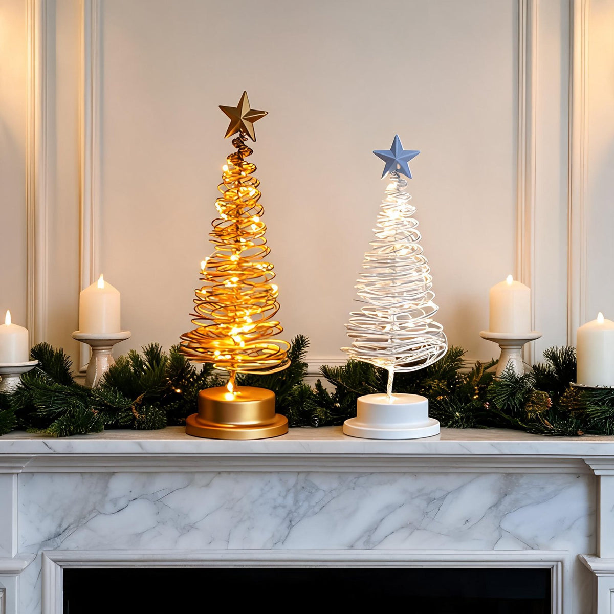 Gold and white wire LED Christmas trees 1